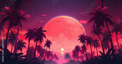 Beautiful pink night sky full of palm rees in front of 80s sunset 