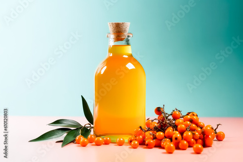 Sea buckthorn oil in a bottle on a blue background, space for text, wallpaper. Generative AI