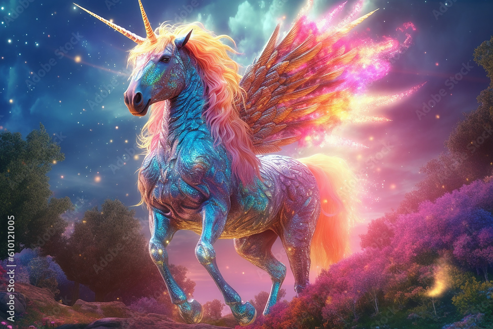 Majestic unicorn with wings standing gracefully in a field of vibrant wildflowers, surrounded by rolling hills. Created with AI Generator Majestic unicorn with wings standing gracefully in a field of vibrant wildflowers, surrounded by rolling hills. Created with AI Generator
