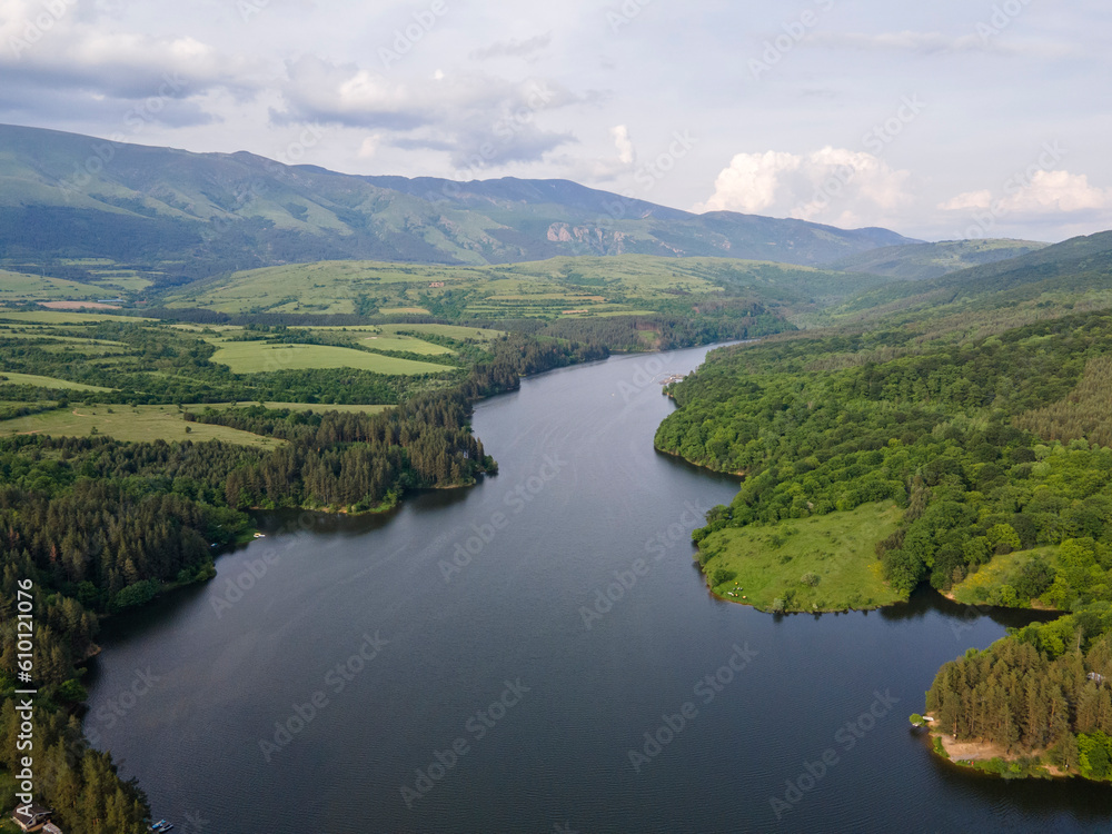 Aerial Spring view of Dushantsi Reservoir, Bulgaria