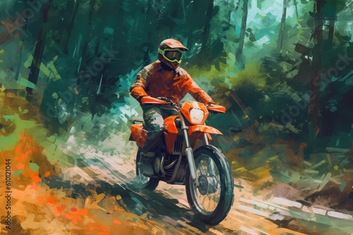 Awesome painting of extreme motorcycle rider on a dirt trail. Digital artwork. 