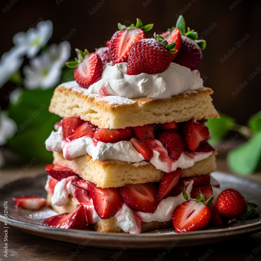 Cake with strawberries. Illustration. Ai generation.