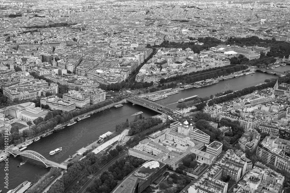 A View of the Seine River from the top of the Eiffel Tower in Black and White
