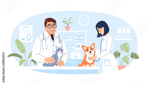 Veterinary clinic concept. Young male, female veterinarians with dog and cat are doing veterinary exam on hospital background. Cute animal diagnostics design Flat line pet medicine vector illustration