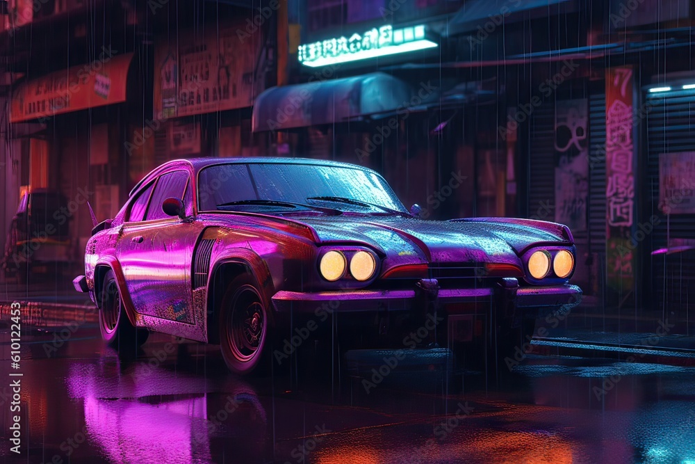 Neon car inside the cyberpunk city. Generative Ai
