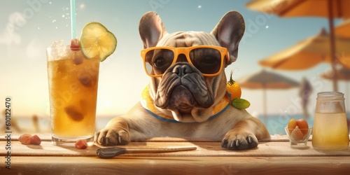 french bulldog in sunglasses relaxing on the beach with a drink