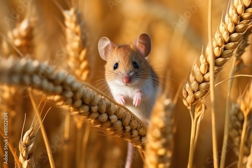 little mouse in a wheat field among spikelets on a sunny day. Generative AI