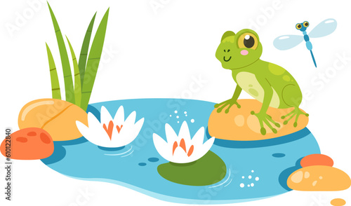 Fototapeta Naklejka Na Ścianę i Meble -  Frog On Lake With Lilies