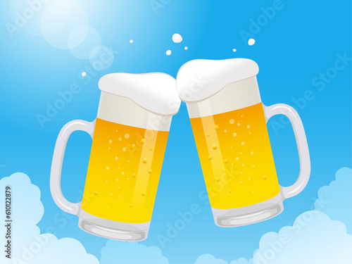 夏空とビールで乾杯_ベクターイラスト
