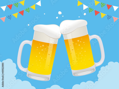 夏空とガーランドとビールで乾杯_ベクターイラスト