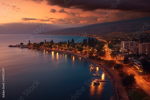 Galilee shore along the sea in the city of Tiberias in Israel at evening illumination. Generative AI photo