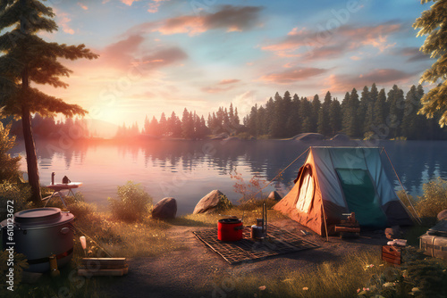 Summer Camping Adventure: Stunning Nature and Outdoor Stock Photos - Campsites, Tents, Forests, Hiking, Mountains, Lakes, and More! Experience the Beauty of Lake Sea Forest Landscapes Generative AI