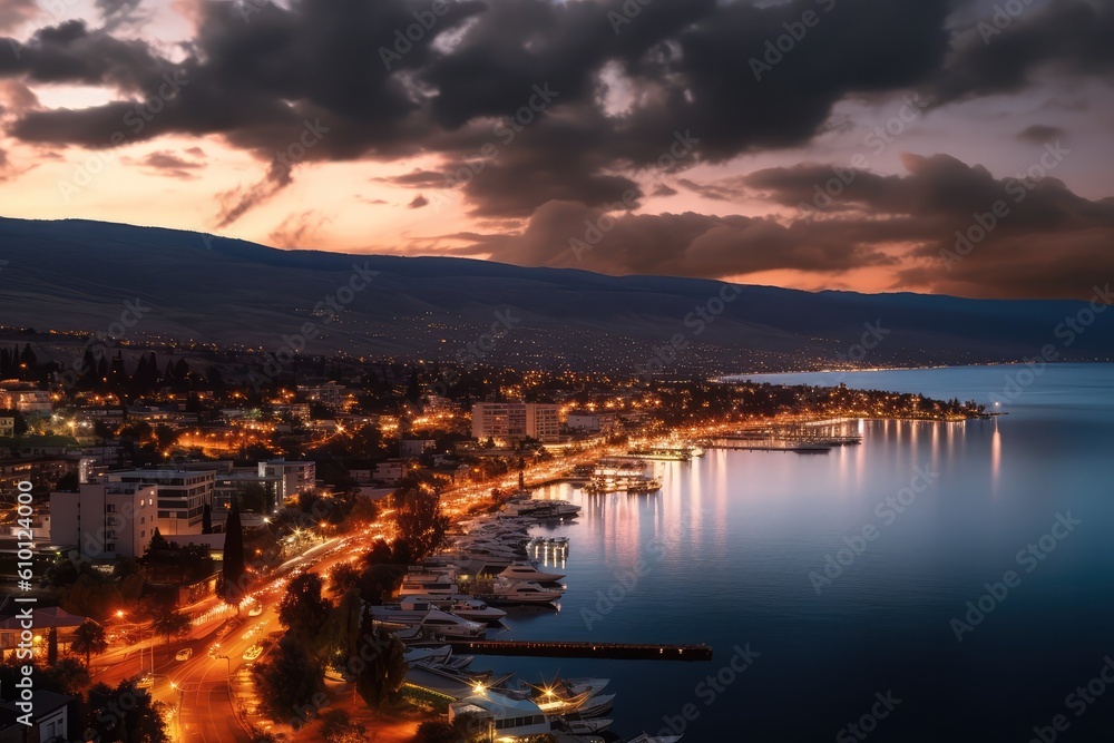 Galilee shore along the sea in the city of Tiberias in Israel at evening illumination. Generative AI