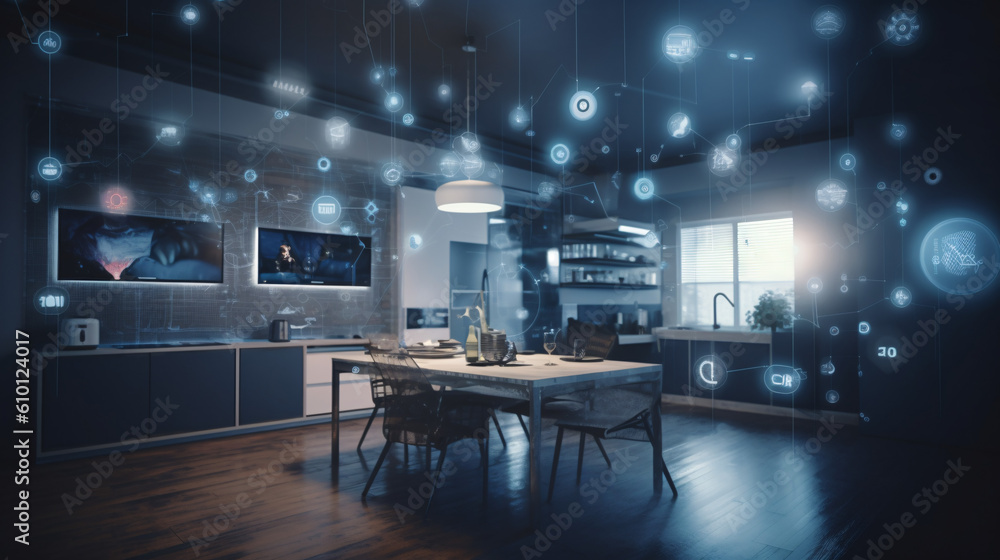 The concept of the Internet of Things with an image of a smart home, featuring various connected devices and appliances AI	
