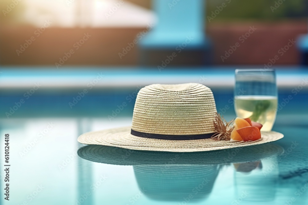 A hat rests next to a pool, summer vacation background. Ai generated.