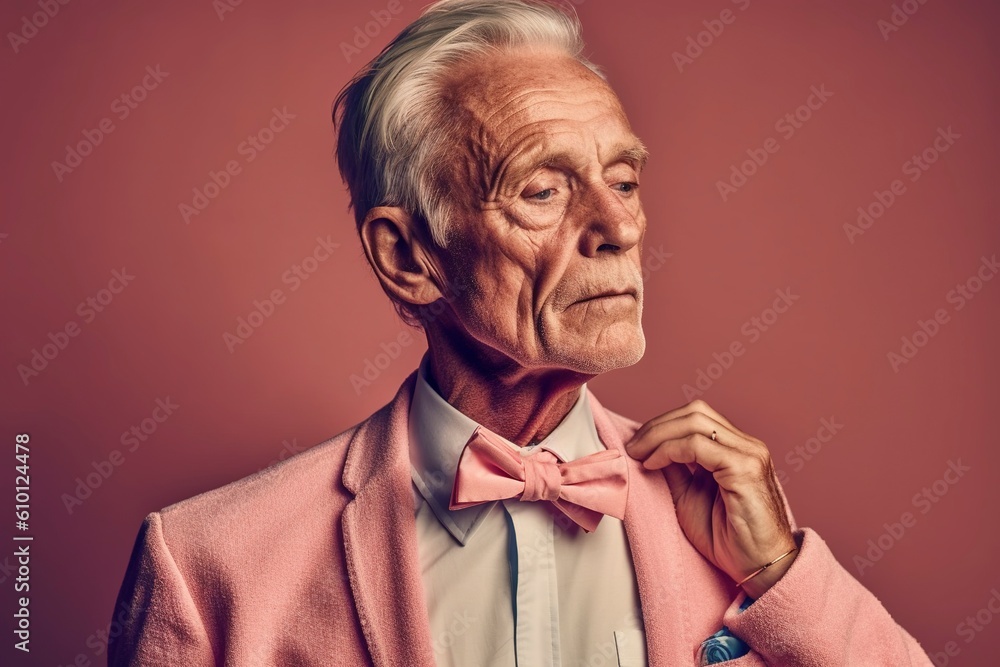 Fototapeta premium An elegant gentleman, with a bow tie, retired, in a studio photo. Ai generated.