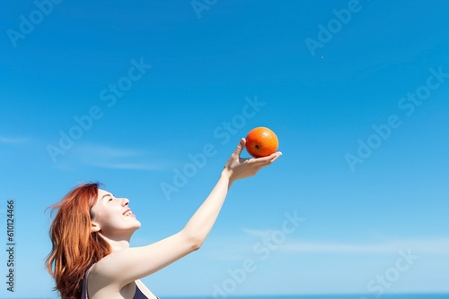 A woman holds an orange up to the sun. Ai generated.