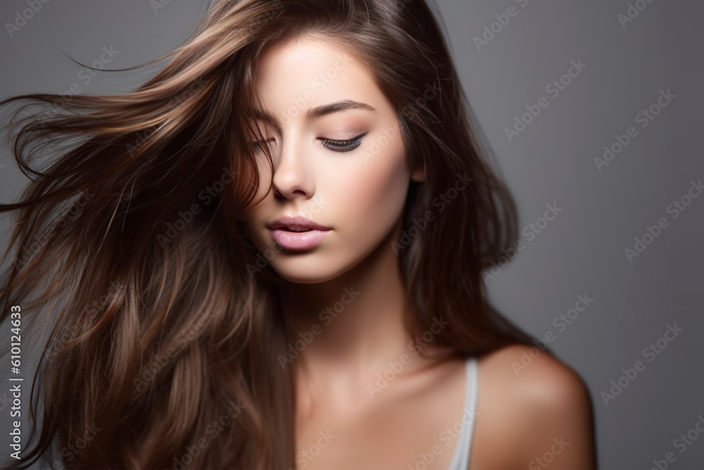 Portrait of a beautiful model with long straight hair, in studio for beauty advertising. Ai generated. Portrait of a beautiful model with long straight hair, in studio for beauty advertising. Ai generated.