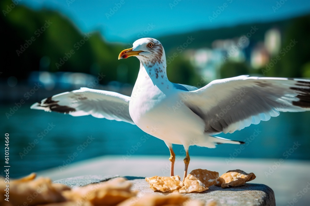 Seagull pecks the food left on the ground. Ai generated. Seagull pecks the food left on the ground. Ai generated.