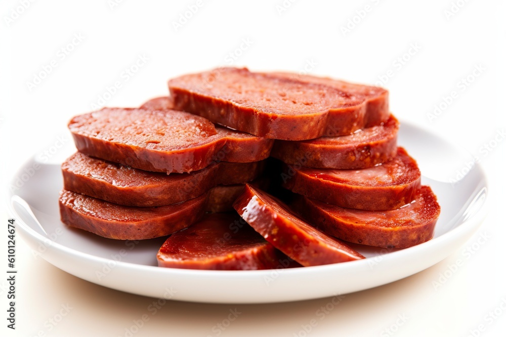 Slices of vegan sausage, with vegetable meat and soy. Ai generated.
