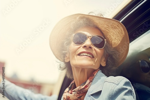 Mature woman, wrinkled but still beautiful, greets the morning sun. Ai generated.