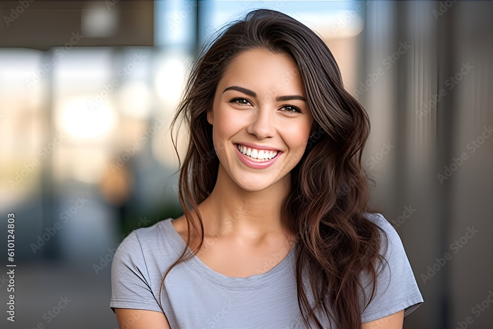 Young brunette female college student looking at the camera smiling. Generative AI
Young brunette female college student looking at the camera smiling. Generative AI
