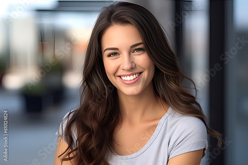 Young brunette female college student looking at the camera smiling. Generative AI	
 photo