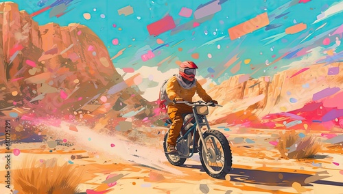 Bike rider, in the style of colorful abstract landscapes
