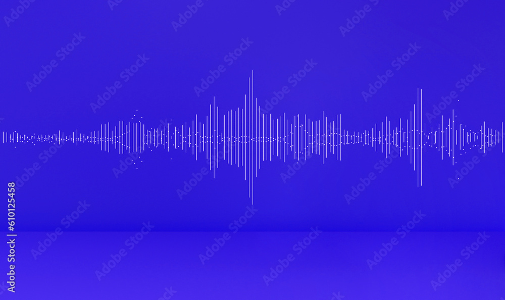 Sound wave on blue purple studio background. Podcast, live, streaming, creator content.