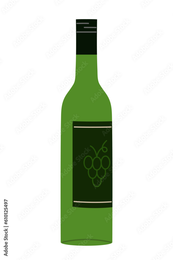 Bottle of wine. Bottle with a drink and a label with grapes. Hand-drawn colored flat vector illustration isolated on white. Bottle of wine. Bottle with a drink and a label with grapes. Hand-drawn colored flat vector illustration isolated on white.