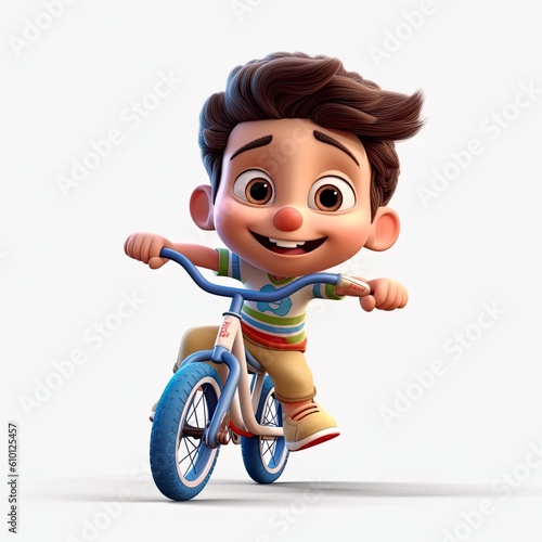 Beautiful boy cartoon style, having fun and playing with his favorite bike - generative AI illustration photo