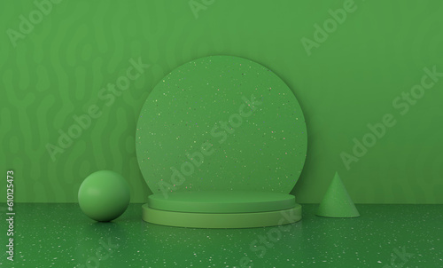 Scene of an ecological podium and geometric shapes next to it with green terrazzo textures