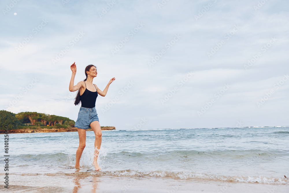 woman running sunset flight lifestyle beach summer young smile travel sea