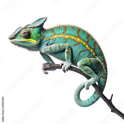 chameleon portrait on a branch, isolated