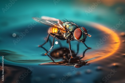 A fly sitting on a drop of water