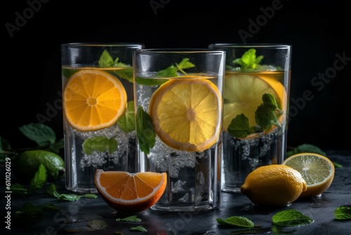 Summer healthy lemonade, cocktails of citrus infused water or mojitos. AI generated, human enhanced