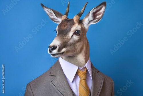 Anthropomorphic deer dressed in a suit like a businessman. business concept. AI generated  human enhanced