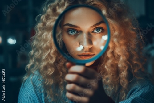 Woman with magnifying glass. Investigation concept. AI generated, human enhanced