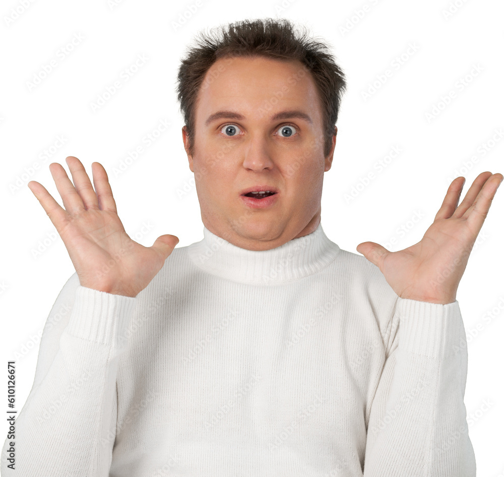 Portrait of young businessman in white sweater with hairstyle isolated on white background Portrait of young businessman in white sweater with hairstyle isolated on white background