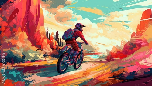 Bike rider, in the style of colorful abstract landscapes