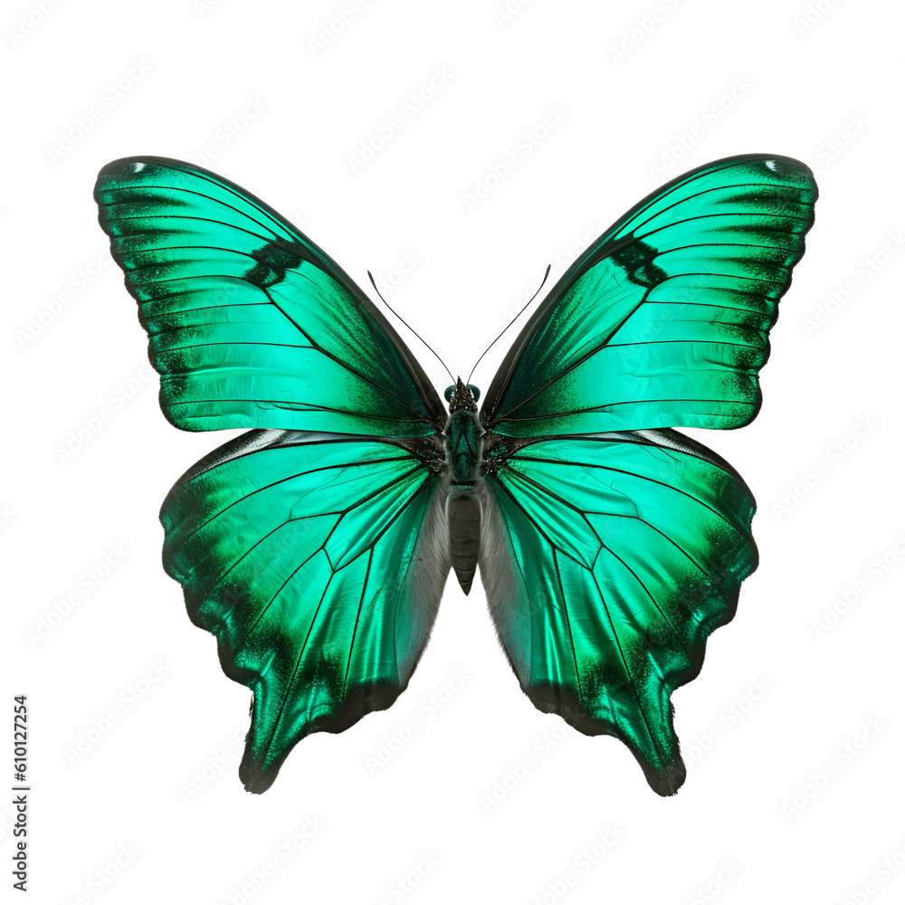 Fototapeta premium Green malachite butterfly isolated on transparent white background, beautiful green butterfly with glossy wings flying over white background, top view, flat lay, view from above. generative ai