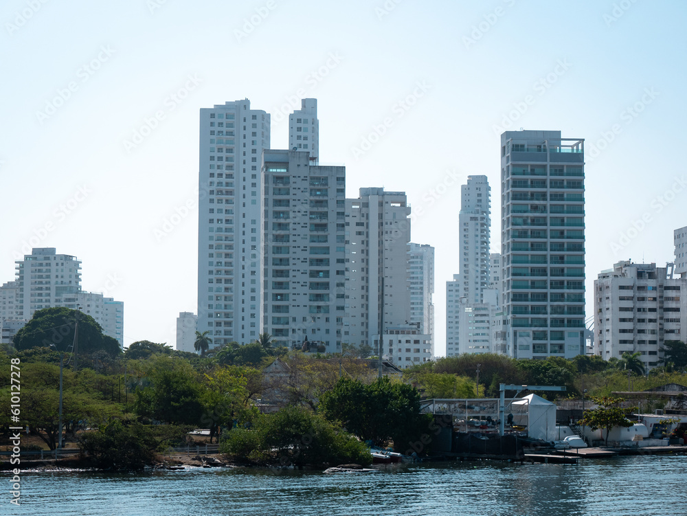 View of the Buildings near to the Sea in Cartagena de Indias, Colombia