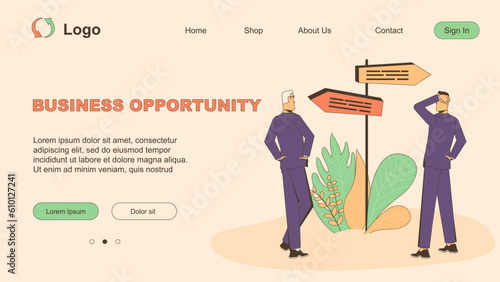 Business opportunity. Businessmen stand at a fork in the road and look at the sign