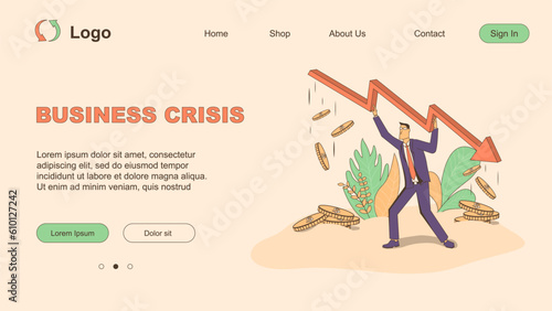 Business crisis. The businessman holds the arrow that goes down