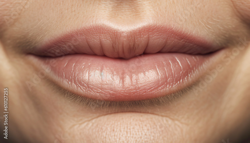 Closeup of the skin and lips of a woman with advanced aging  with light makeup. Gnerative IA.
