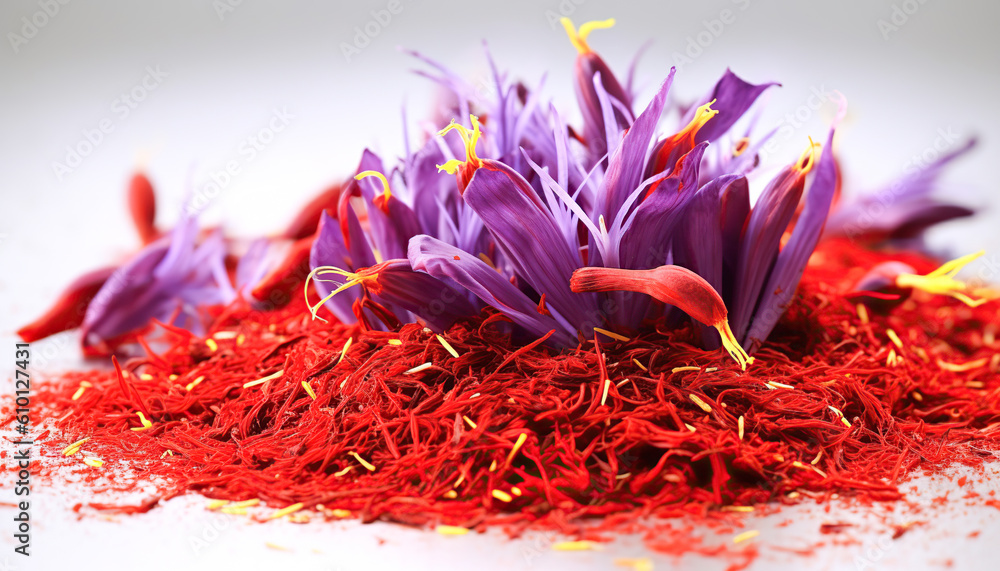 Naklejka premium Saffron spice background on white background. Genertive IA