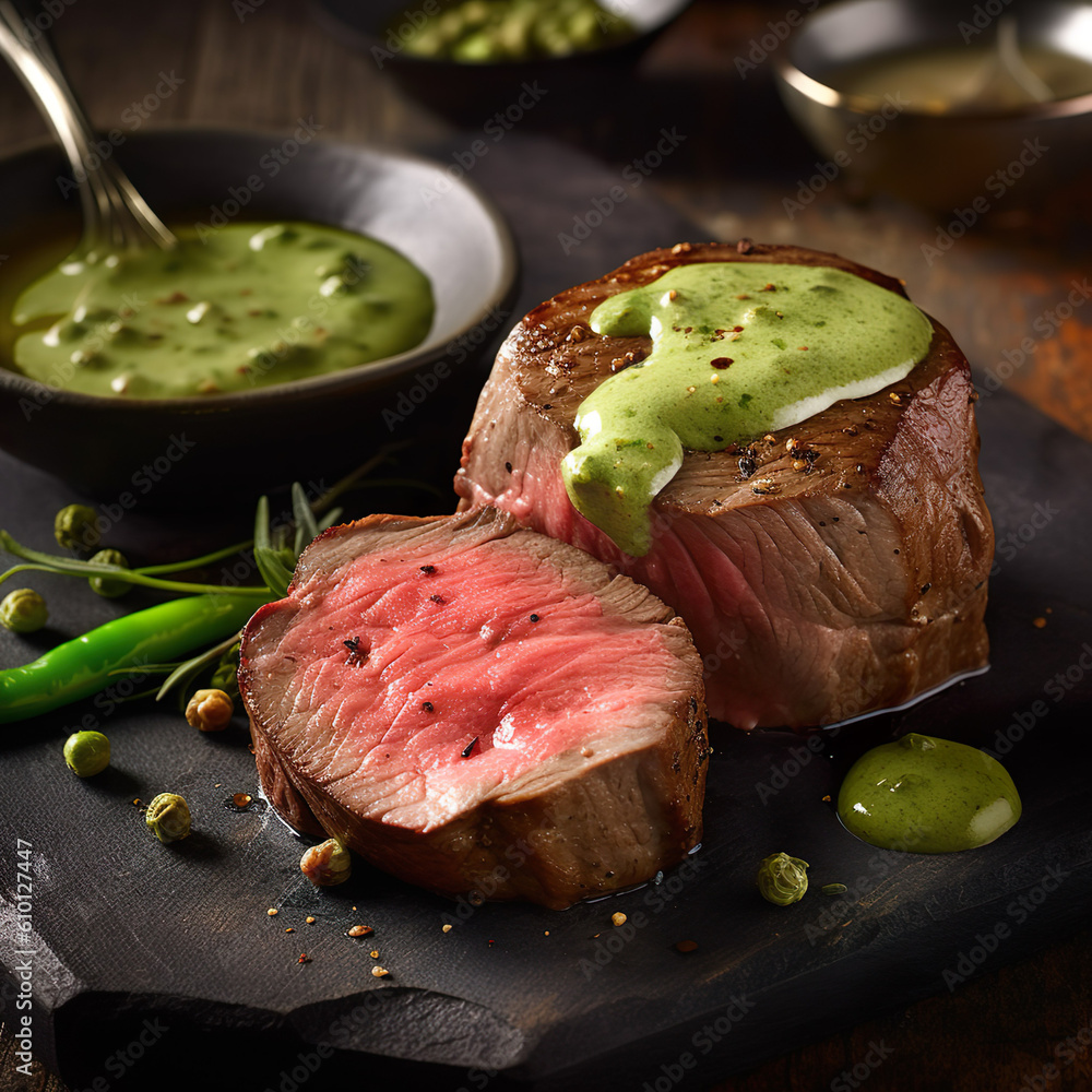 Rinderfilet mit grünem Pfeffer. Saftiges Rinderfiletsteak, das mit ...