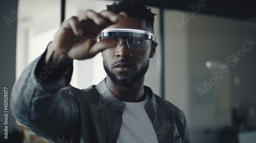 Young black businessman using AR Augmented Reality glasses headset in the office - Generative AI illustration