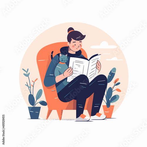 Boy reading book cat curled lap vector illustration