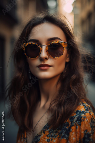 National sunglasses day attractive young brunette woman wearing matching dress and sunglasses generative AI illustration